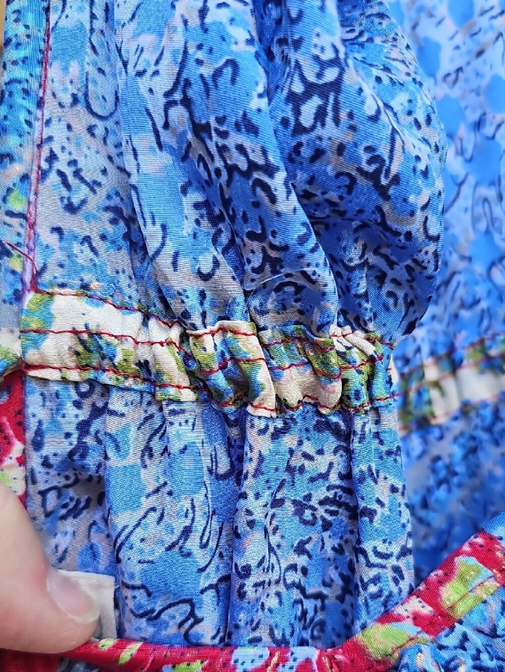 Bohemian Blue Floral SILK Maxi Dress with Red Accent - Picture 10 of 13